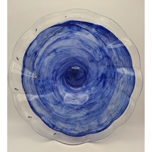 Bowl-Blue Italian  BY Gruppo Vittorio Art Glass. Clear Ruffled Edge. 12.25"